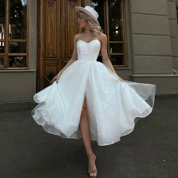 Blizgučiai Dramblio Kaulo Vestuvių Suknelės Su Kišenėmis Arbata-Ilgis Tiulio Nuotakos Suknelė Stebėjimo Ritininės Seksuali Suknelė Moterims 2023 Chalatas De Mariee