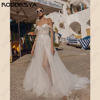 RODDRSYA Off Peties Paplūdimys Vestuvių Suknelė Brangioji Tiulio Aplikacijos Vestuvinės Suknelės-line Nėrinių Backless Nuotakos Šalis be Rankovių