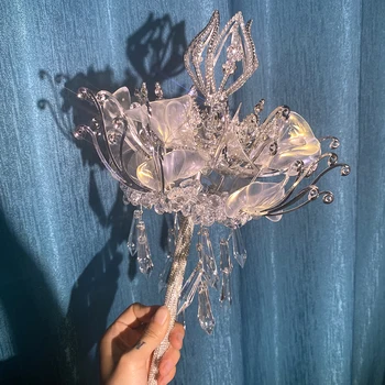 Shinny Kristalų Lempos Formos Nuotakos Ranką, Dirbtinės Gėlės, Puokštės Pearl Skeptrą Vestuvių Puokštė Priedai