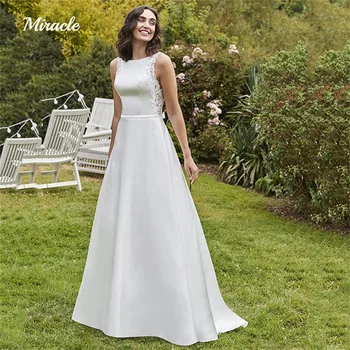 Naujas, Modernus, Elegantiškas A-Line Wedding Dress O-Kaklo Nuotakos Apdaras Seksualus Backless Paprasta Nuotakos Suknelė Be Rankovių Mygtukų Vestidos De Novia