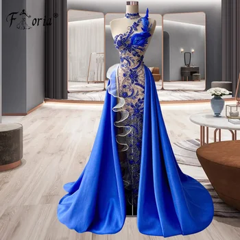 Dubajus Royal Blue Undinė Prabangių vakarinių Suknelių Granules, Gėlių, Plunksnų Overskirt Elegantiškas Moteris, Vestuves فساتين مناسبة رسمية