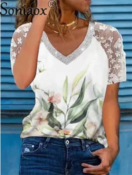 Mados Nėriniai Trumpas Rankovės Blizgančiais V Kaklo T-Shirt Moterų Saldus Stilius Atsitiktinis Palaidų Tees Moterų Vasarą Botanikos Gėlių Spausdinti Viršūnės