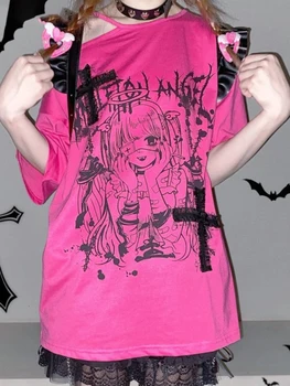 Y2k Estetika Tshirts Moterų Japonijos Harajuku T-shirt Animacinių filmų Spausdinti Nėrinių Kryžiaus Kratinys Fairycore Kawaii Viršūnės E-girl Mielas Tee