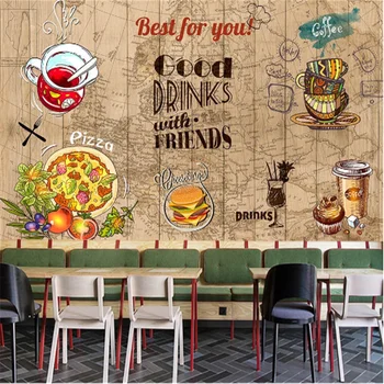 Pasirinktinį Kavos Mėsainiai Vakarų Greito Maisto Restoranas Fono Sienos Freskos Tapetai, 3D Užkandžių Baras Hamburger pica Sienos Popieriaus 3D