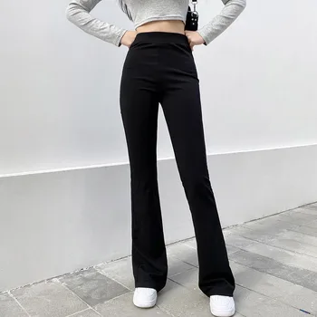 Mexzt Streetwear Mados Atsitiktinis Juoda Flare Kelnės Moterims Korėjos Aukšto Juosmens Elastinga Kelnių Visas Rungtynes Elegantiškos Moters Pločio Kojų Kelnės