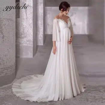 Elegantiškas Šifono-Line Ilgomis Rankovėmis Vestuvinių Suknelių Nėščioms, Vestuviniai Drabužiai Valymo Traukinio Duobute Vestido De Noiva Moterų 2022