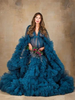 Royal Blue Motinystės Vestuvių Suknelės už Nuotrauką Šaudyti V Kaklo Su Diržo Visą Rankovėmis Nėščioms Drabužius pagal Užsakymą Pagaminti Moterų Promenadzie Suknelė
