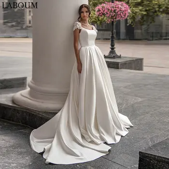 LaBoum Paprasta Satino Vestuvių Suknelės Moterims Balta Bžūp Rankovėmis Su Nėrinių Appliques Teismas Traukinio Vestuvinės Suknelės Chalatas De Mariée