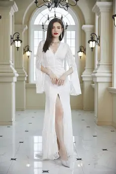 Nuotaka Suknia Slubna Rybka 2023 Balta Nėrinių V Kaklo Vestuvių Suknelė Ilgomis Rankovėmis Paprastas Elegantiškas Chalatas De Soiree Mariage Vestidos