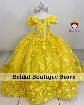 Naujas Dizainas Geltonos Spalvos Gėlių Mergaitės Suknelė Off Peties Princesė Kamuolys Suknelė Aplikacijos Kristalai, Karoliukai, Pirmoji Komunija Photoshoot
