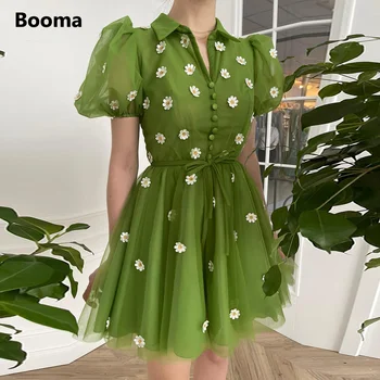 Booma Žalia-Line Mini Prom Dresses Trumpas Sluoksniuotos Rankovėmis Daisy Gėlės Virš Kelio Tiulio Vakare Šalis Suknelės 2022 Prom Chalatai