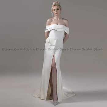 Mados Off Peties Vestuvių Suknelės 2023 Brides su Ruffles Teismas Traukinio Backless Stebėjimo Pusės Split Satino Vestuvinės Suknelės
