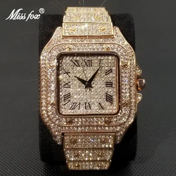 Naujas Lediniame Iš vyriški Laikrodžiai Hip-Hop Moissanite Deimantų Kvadratas Kvarcinis Laikrodis Vyrų Klasikinis Bling Rose Gold Šaliai, Papuošalai Žiūrėti