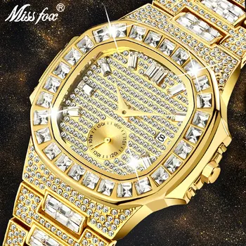 MISSFOX Prabanga Vyrai Žiūrėti 18K Aukso Modelis Pilnai Asfaltuotas Baguette Deimantų Vyrai Laikrodžiai Vandeniui Kalendorinių metų Vyras Laikrodžio Valandos