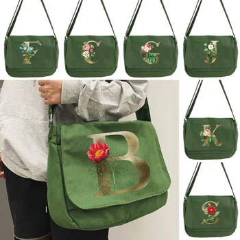 Žalia Golden Flower Print Mielas Lokys Drobės Krepšys Tendencija Japonų Literatūros Pečių Maišą Atsitiktinis Pirkinių Nešti Mergaitę, Rankinės