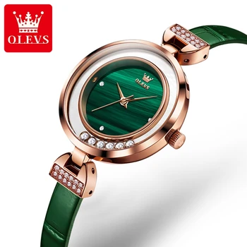 OLEVS 5540 Moterų Laikrodžiai Atsitiktinis Mados Originalus Kvarcinis Laikrodis Elegantiška Žalia Paprasta Suknelė Žiūrėti Moteris Vandeniui Leath