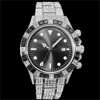 MISSFOX Prabangių Laikrodžių Vyrams Black Mados Hip-Hop Šalta Diamond Vandeniui Kvarcinis Laikrodis Auto Dieną Reloj Hombre Nemokamas Pristatymas