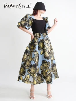TWOTWINSTYLE Spausdinti Suknelė Moterims Aikštėje Apykaklės Sluoksniuotos Rankovėmis Aukštos Juosmens Colorblock Vintage 