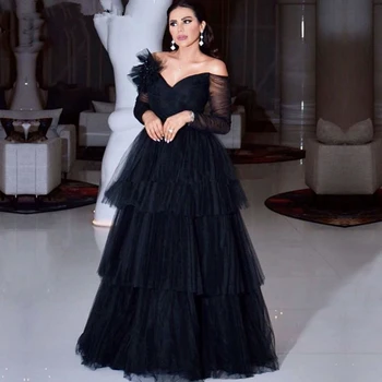 Juoda Arabų Off Peties Vakaro Suknelės 2021-Line Elegantiškas Ilgas Rankoves Tiulio Skirtingų Šalių Prom Chalatai Grindų Ilgis Dubajus