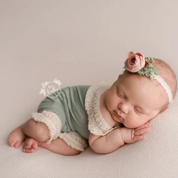 Naujagimio Fotografijos Rekvizitai Baby Girl Drabužiai Halo Gėlių Kaspinai Nėrinių Apranga Romper Bebe Photoshoot Chothing Aksesuarų Rinkinys