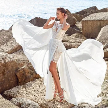 Eightree 2020 Bohe Trumpas Vestuvių Suknelės Undinė Nuimamas Traukinio Nėrinių Appliqued chalatas de mariee Rankovių Paplūdimio Vestuvių Suknelės